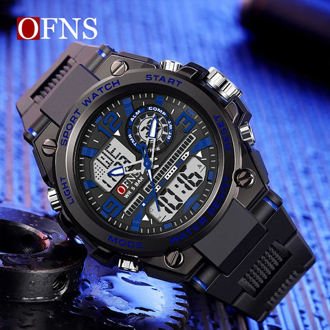 OFNS Luxury Business Man Quartz Watch G Style Date Chronograph Alarm LED Dual Display Clock Men's Electronic Watch Waterproof