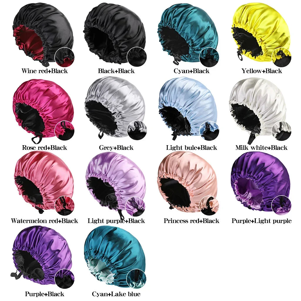 Adjustable Double Layer Satin Bonnet Nightcap Doubleside Women Round Shower Caps Night Sleep Polyester Hat Solid Black Lining