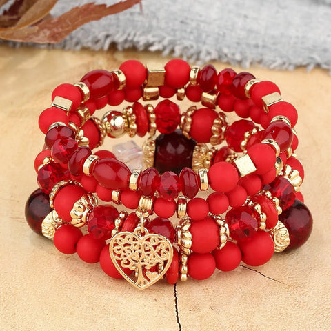 New Acrylic Beads Chain Bracelet Set For Women Tree Of Life Charm Elastic Bangle Female Bohemian Jewelry Accessories