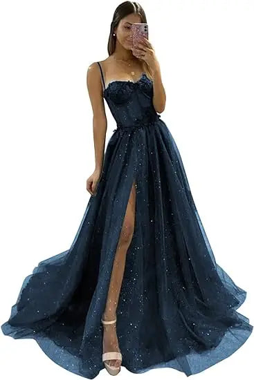 Glitter Tulle Ruffled Prom Dress Long Ball Gown Spaghetti Straps Lace Appliqued 3D Flower Slit Bridesmaid Dresses Cocktail party