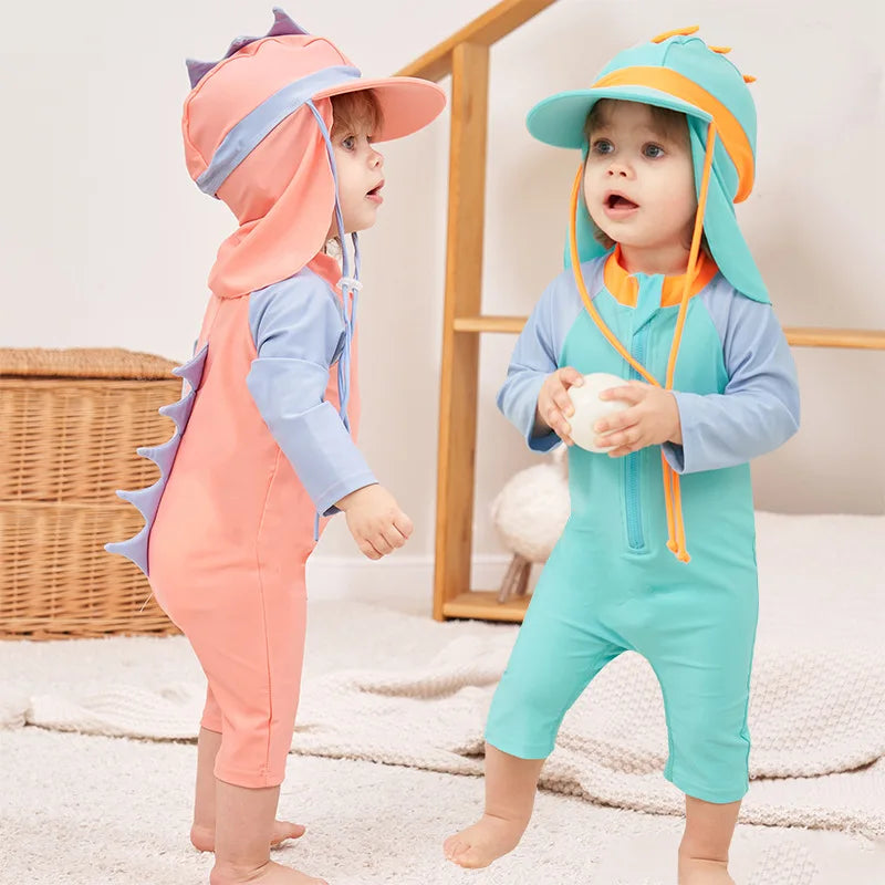 Baby Swimsuit One-Piece Bathing Suit Boy with Sun Cap UPF50 UV Protection Long Sleeve Dinosaur Children's Swimwear for Toddler