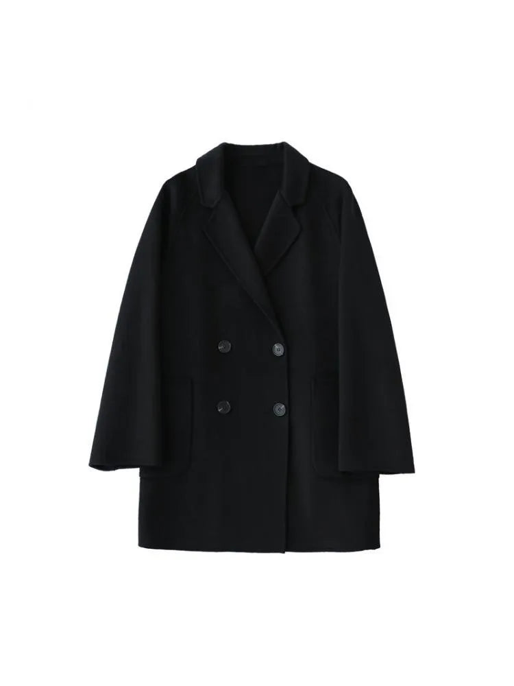 Double Breasted Simple Black 100% Wool Coat