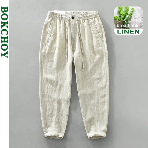 Summer New Casual Retro Pants for Men Clothing Pure Linen Breathable Loose Streetwear B3582