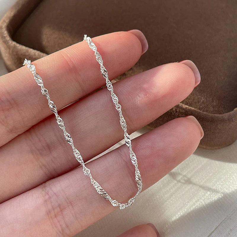 50cm 925 Sterling Silver Sparkling Water Wave Chains Necklace Smooth Choker Simple Women For Girls Wedding Gift Fine Jewelry