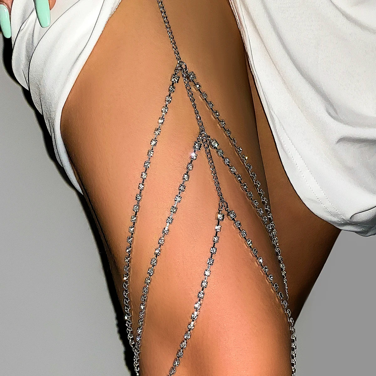 IngeSight.Z Sexy Rhinestones Leg Thigh Chain for Women Multilayer Shiny Crystal Silver Color Waist Body Chain Beach Jewelry