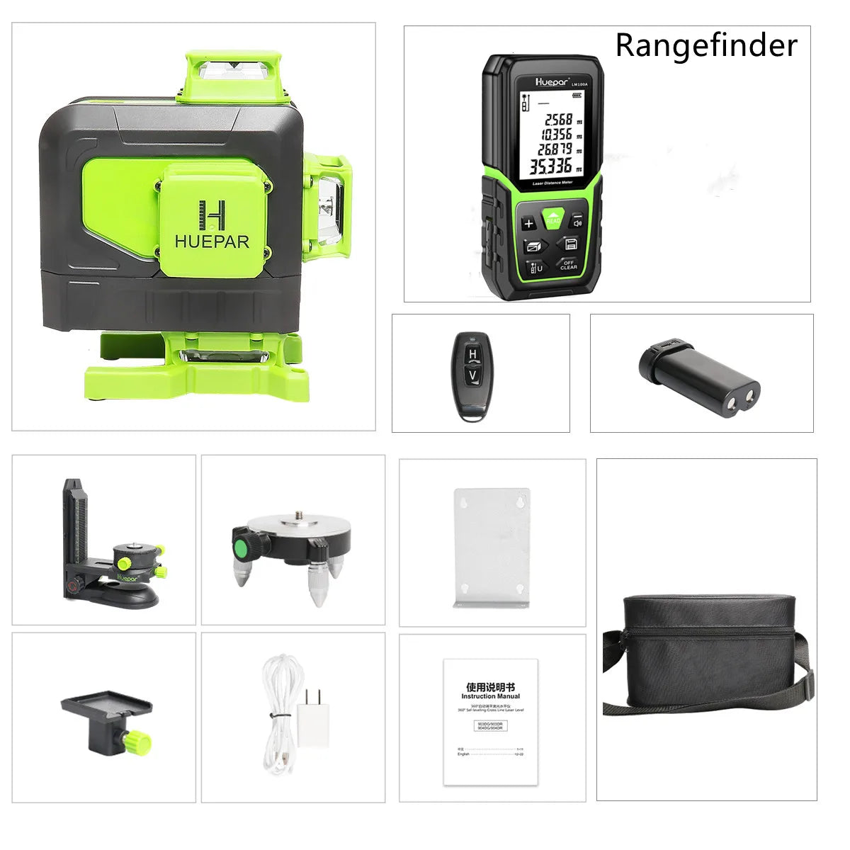 Huepar 4D 16 Lines Cross Line Laser Level Green Beam Lines Multi function & Remote Control With Li-ion battery For Tiles Floor