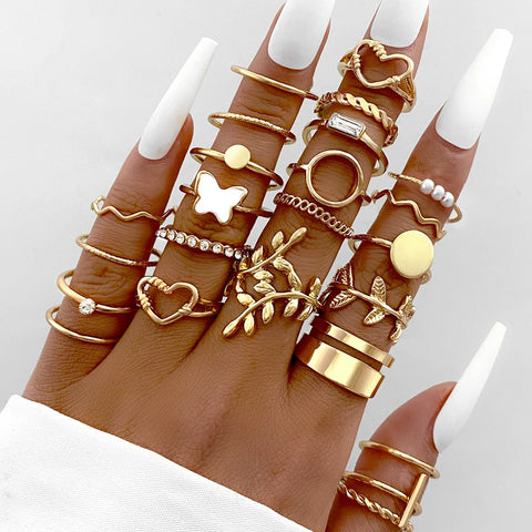 Bohemian Vintage Irregularly Ring Set for Women Gold Color Boho Butterfly Snake Heart Geometric Rings Retro Fashion Jewelry Gift