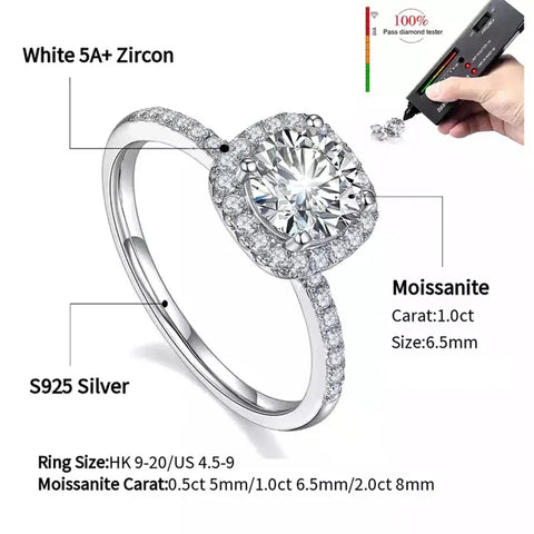 Real Moissanite 925 Sterling Silver Ring For Women Square Round 1CT 2CT 3CT Brilliant Diamond Finger Band Wedding Jewelry Gift