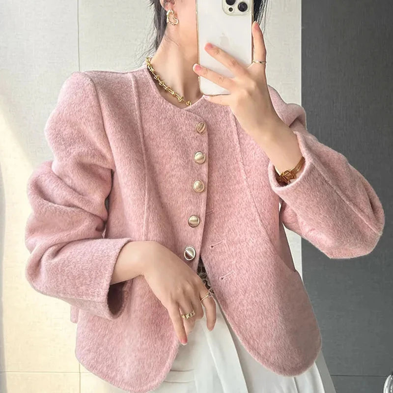 Elegant Womens Vintage Woolen Short Jackets 2023 Korean Slim Coats Cropped Long Sleeve Chaquetas Spring Wool Blend Outwear