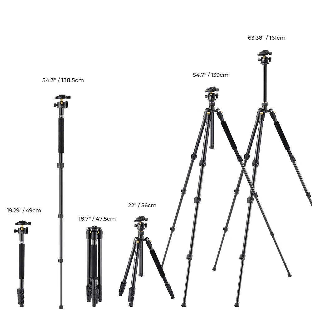 K&F CONCEPT Camera Lightweight Travel Tripod Stand Aluminum 64''/161cm Detachable Monopod Accessories for DSLR Digital Cameras