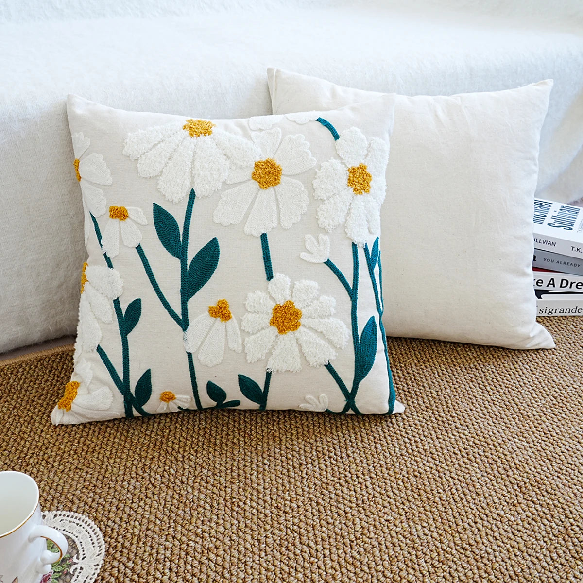 1pc Daisy Floral Embroidered Cushion Covers