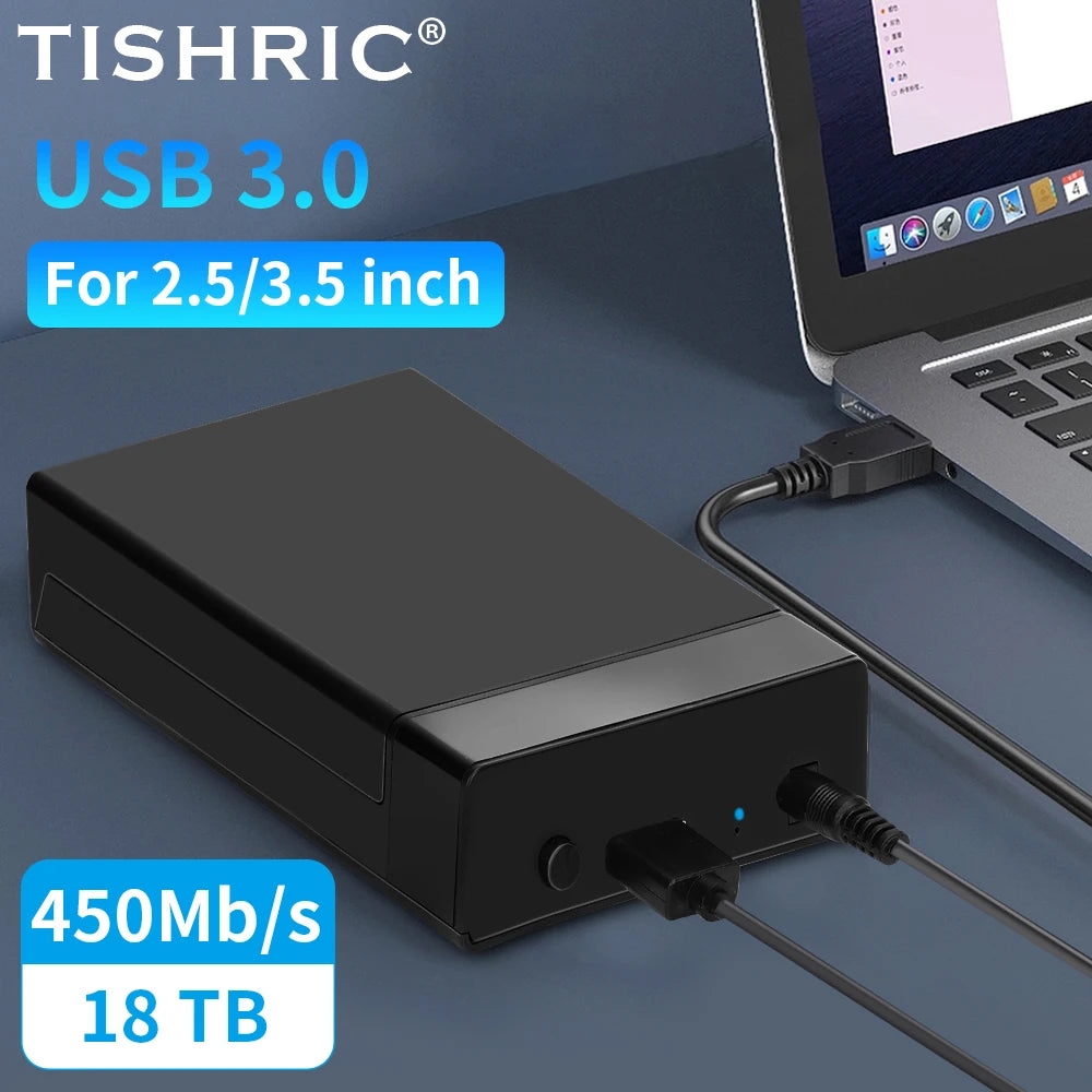 TISHRIC External HDD Case 2.5/3. 5 SSD External Hard Drive Box Enclosure 450Mb/s 18TB SATA to USB 3.0 Hard Disk Case Adapter