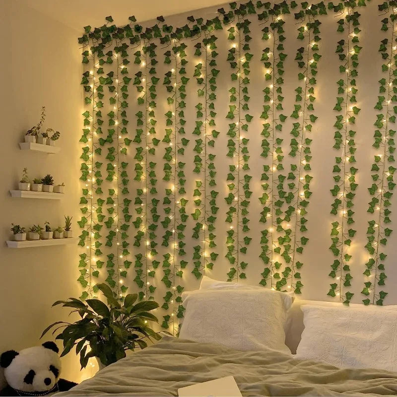 Artificial Plant Green Ivy Leaf DIY Garland Fake Plant Creeper Hanging Vine with 30LED String Light for Wedding Home Party Decor