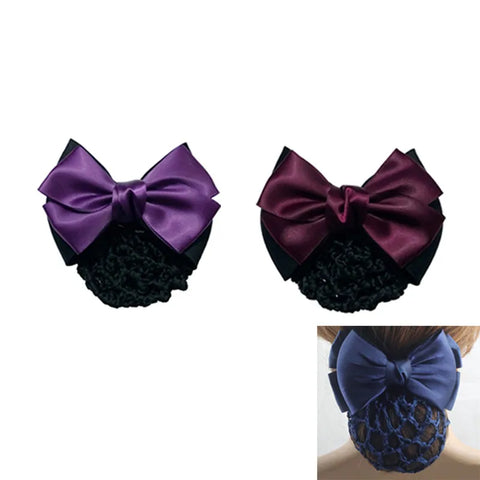 Satin Bow Hair Net Barrette Flight Attendant Ribbon Hair Clip Hair Bun Cover Net Headwear Fashion Snood Women Hair Accessories