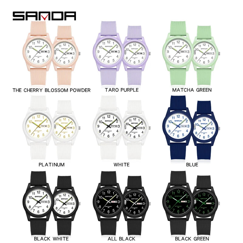 SANDA 6090 Luxury Watches For Couple Luminous Hand Watch New Men And Ladies Silicone Band Simple Quartz Wristwatches Lovers Gift