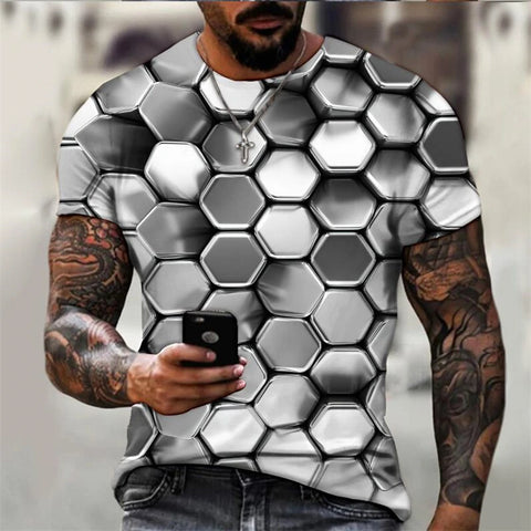 3D digital printed wave grid pattern men's short sleeve T-shirt