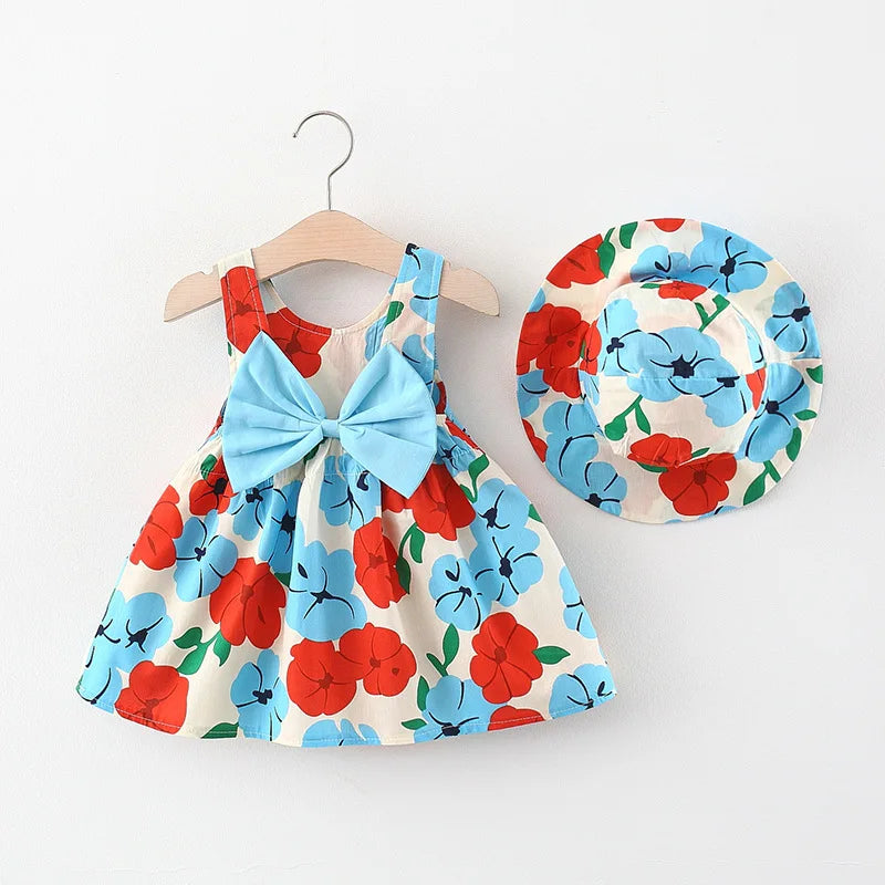 Summer Baby Girl Dress Flower Print Bow Princess Party Dress Hat Girl Outfits Children Clothes Set Toddler Infant Newborn Dress