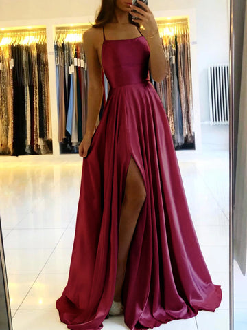 FATAPAESE Burgundy Satin Maxi Flared Dress with Hign Slit Sexy Bridesmaid Dress Open Back A Line Wedding Evening Gown with Train