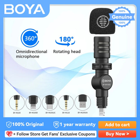 BOYA BY-M100 Wired Microphone Plug and Play Portable Audio Video Recording Mic for iPhone Android Camera PC Live Streaming Vlog