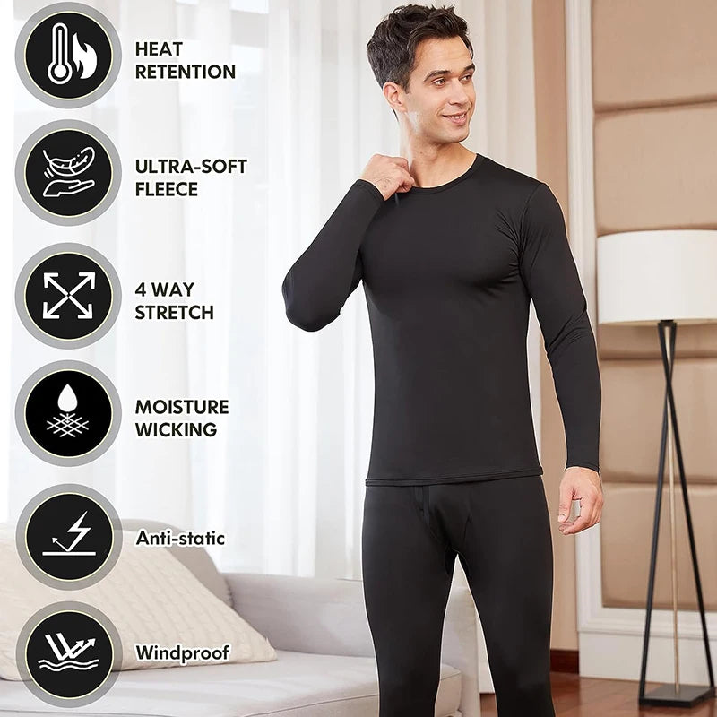 Men Winter Thermal Underwear Sets Crew Neck Long Sleeves Long Johns Base Layer Set Top Bottom for Cold Weather Male Warm Clothes