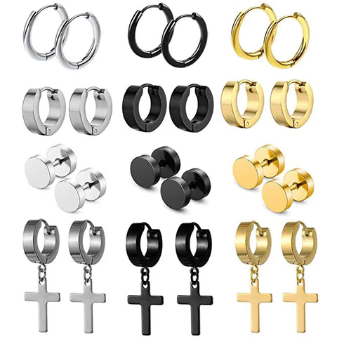 WKOUD 1/12 Pairs Of Earrings Stainless Steel Cross Earrings Set Men’s Women’s Earrings Small Huggie Hoop Cross Earrings