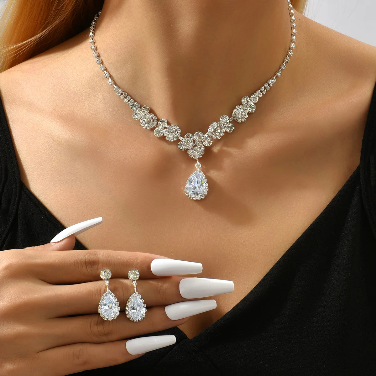 3pcs Women's Jewelry Set Rhinestone Earrings Necklace New Wedding Party Luxury Fashion Accessories