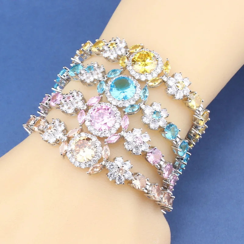 925 Silver Charm Female Bracelet Bangle Blue Cubic Zirconia 6-Colors Wedding Jewelry Adjustable Length 18+3CM