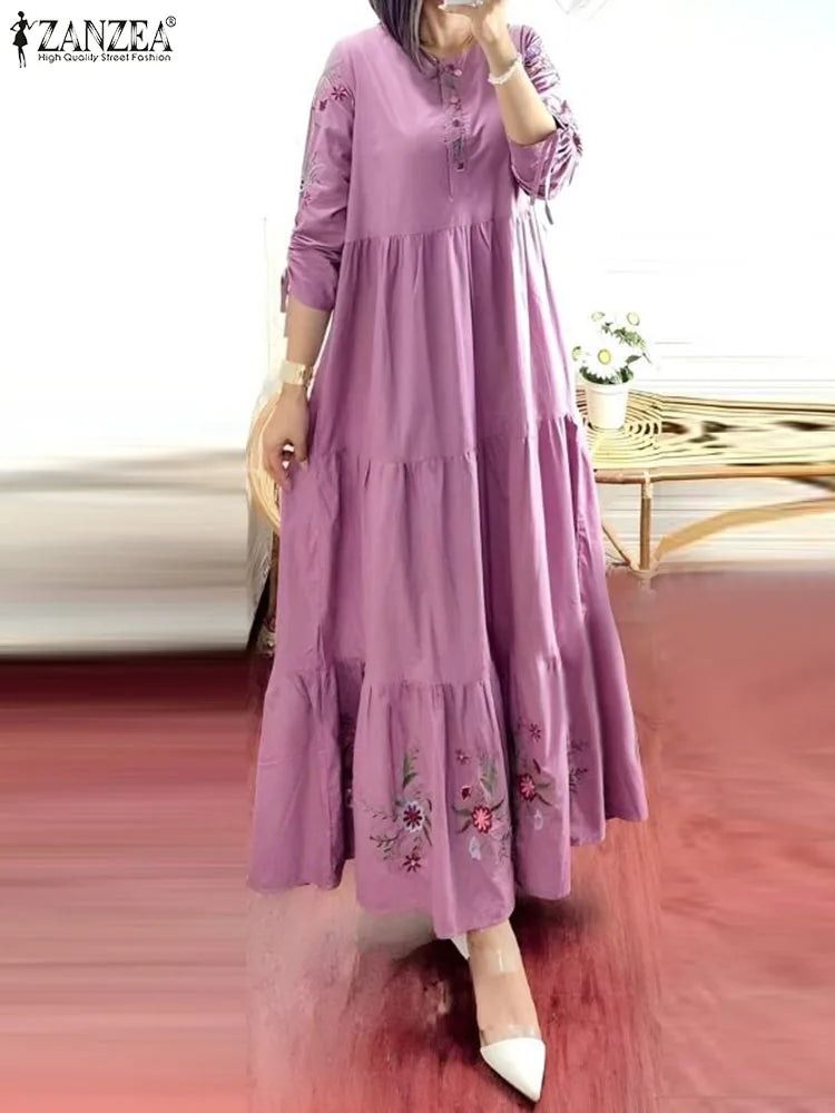 ZANZEA Elegant Floral Printed Muslim Dress