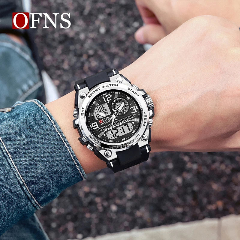 OFNS Luxury Business Man Quartz Watch G Style Date Chronograph Alarm LED Dual Display Clock Men's Electronic Watch Waterproof