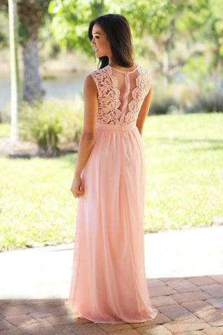 Elegant Chiffon Lace A Line Bridesmaid Dress Long Women Sleeveless O Neck Illusion Back Summer Beach Formal Evening Party Gown