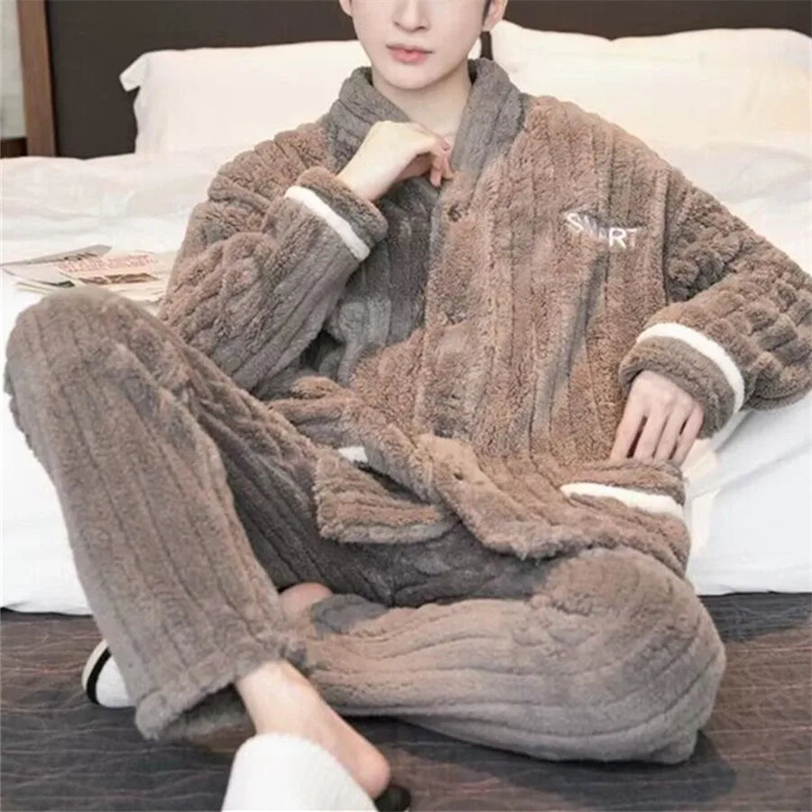 Men Winter Warm Flannel Pajamas Set V-neck