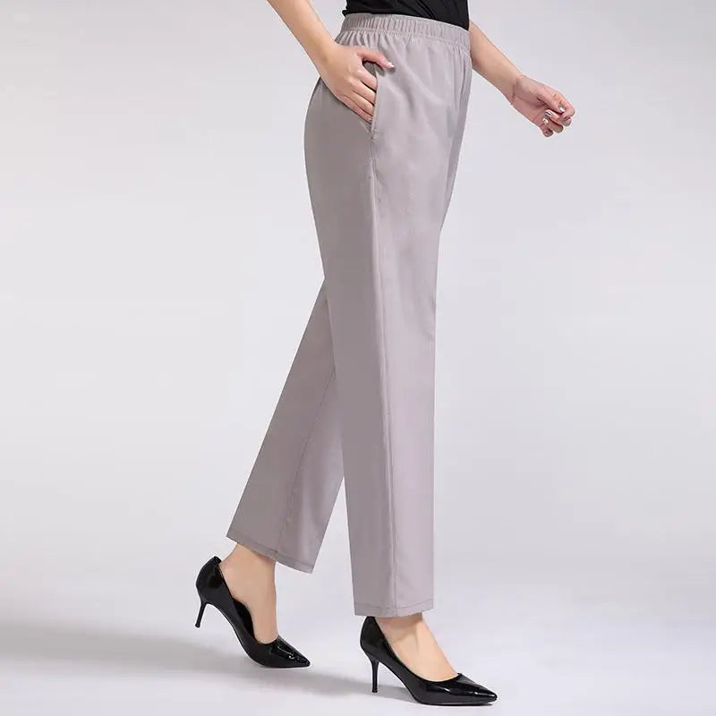 Women Summer Silk Comfortable High Waist Elastic Long Ladies Pants