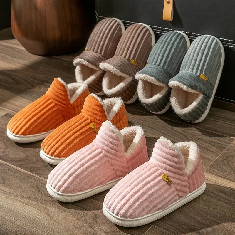 Winter Couple Style Simple Stripes Wrap Heels Plush Slippers Male Non-slip Soft Warm Flip Flops Men Home Casual Cotton Shoes