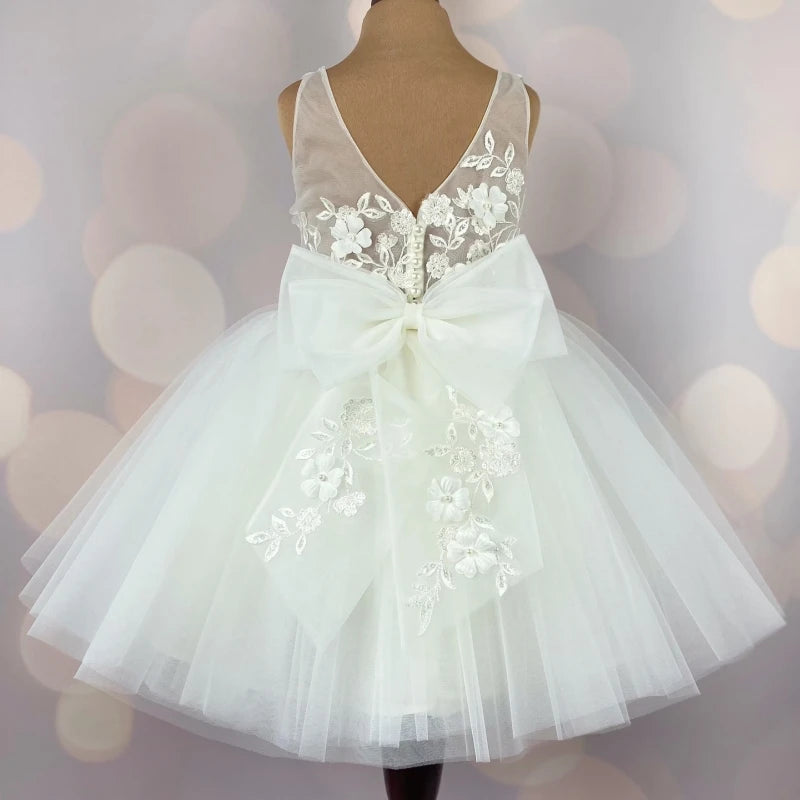 White Flower Girl Dress Tulle Sleeveless With Bow Knee Length For Wedding Birthday First Communion Dress