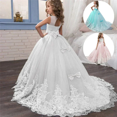 6-14 Years Lace Tulle Flower Girl Dresses Flower Bows Children First Communion Ball Gown Wedding Party Bridesmaid Dress for Kids