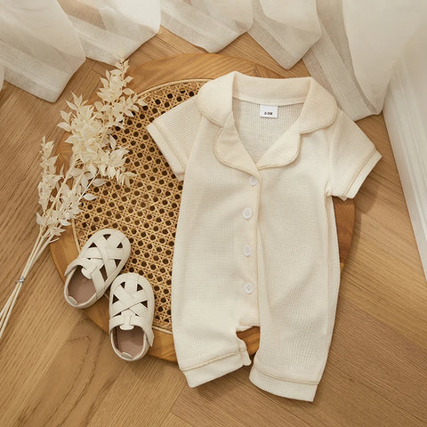 Soft Cotton Baby Girls Boys Romper Pajama Sleepwear Short Sleeve Contrast Trim Button Down Waffle Jumpsuit Infant Kids Clothes