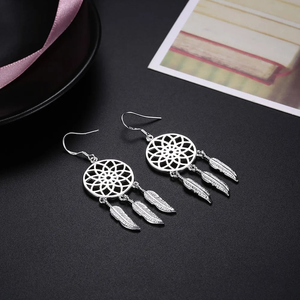 Silver Dream catcher feathers earrings for women