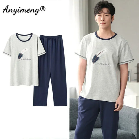 Mens Fresh Pajamas 3xl 4xl Sleepwear Short Sleeved Long Pants Cotton Leisure Pyjamas for Boy Plaid Pants Men Summer Nightwear