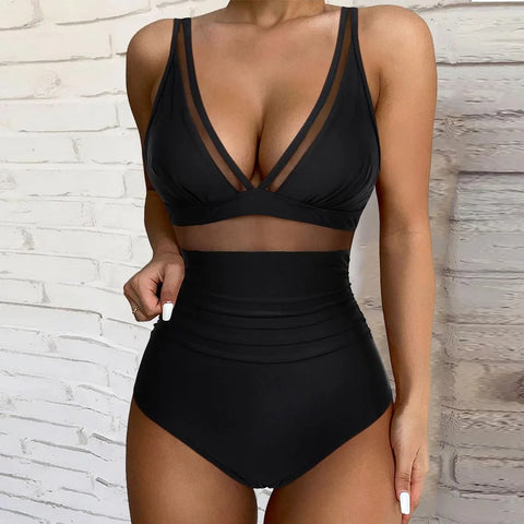 Solid  One-piece Swimsuit Women Deep V-neck Removable Bra Plain Monokinis 2023 New Summer Beach Swimwear  Swimsuit Female