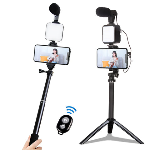 Selfie Photography Video Handheld Vlog Stand Tripod Stabilizer Kit LED Light Microphone Remote Shutter Phone Camera Video Record