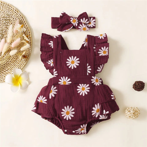 Infant Baby Girl Romper Clothes Ruffle Sleeveless Newborn Bodysuit with Headband Summer Jumpsuit Fashion Toddler Outfit Suit