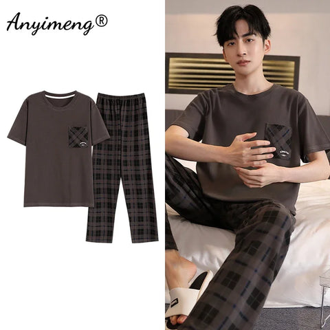 Mens Fresh Pajamas 3xl 4xl Sleepwear Short Sleeved Long Pants Cotton Leisure Pyjamas for Boy Plaid Pants Men Summer Nightwear