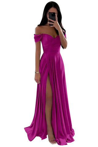 GDYBAO Women's Off The Shoulder Bridesmaid Dresses for Wedding With Slit Long  Pleated Satin Prom Dress A-Line Evening Gowns