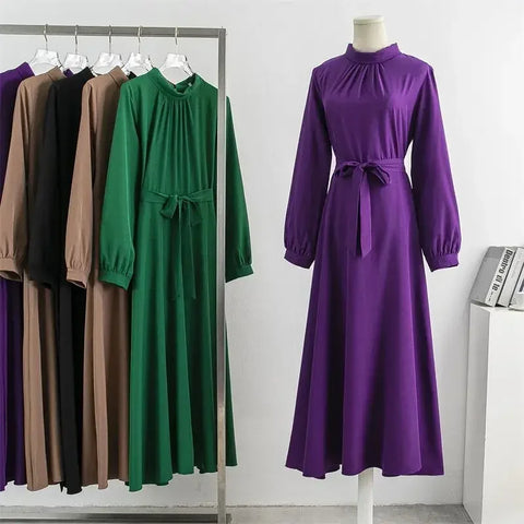 Muslim Dresses Spring Autumn Long Dresses Fashion Female Vintage Full Sleeve A-line Casual Chiffon Dress Women Maxi Dresses