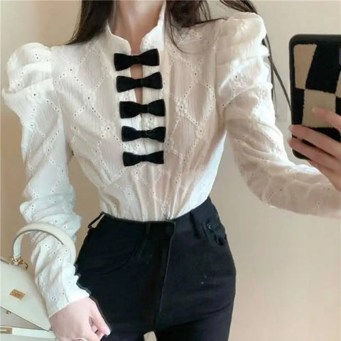 Women's shirt French bow design sense small long sleeve shirt