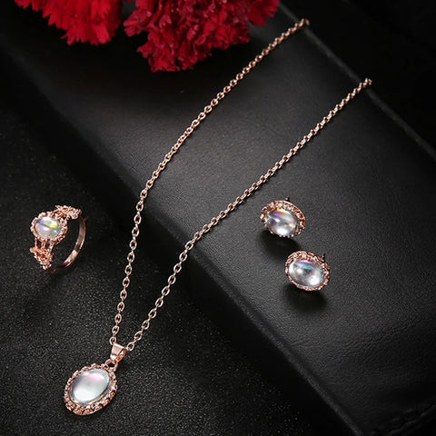 Elegant Aurora Oval Zircon Necklace Earring Ring Jewelry Set For Women Romantic Gold Plated Faux Opal Wedding Gift Accessories