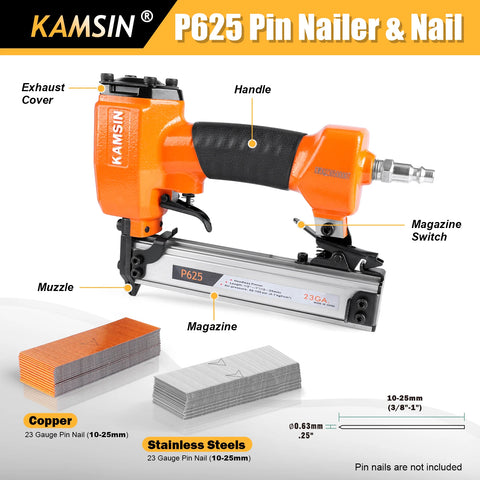 KAMSIN P625 23 Gauge Pneumatic Headless Pinner, Fits 10-25mm Pin Nails, Air Power Finish Nailer, for Interior Decoration