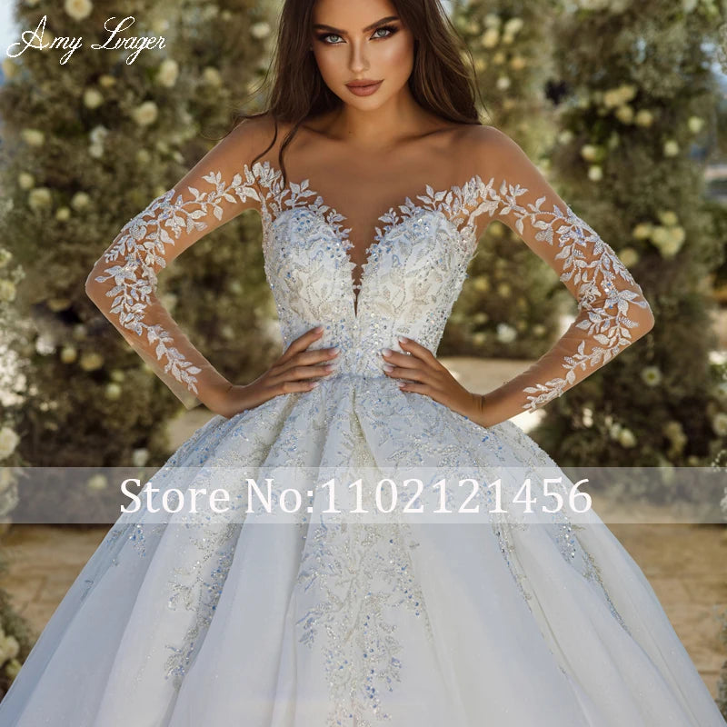 Classic Scoop Neck Long Sleeves Ball Gown Wedding Dress 2024 Luxury Beading Appliques Shiny Princess Bridal Gown Robe De Mariage