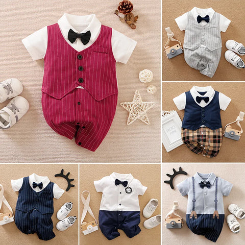 Newborn Clothing Handsome Gentleman Party Dress CottonComfortable AndSoft Summer Boys And Girls 0-18m Short Sleeve Baby Bodysuit