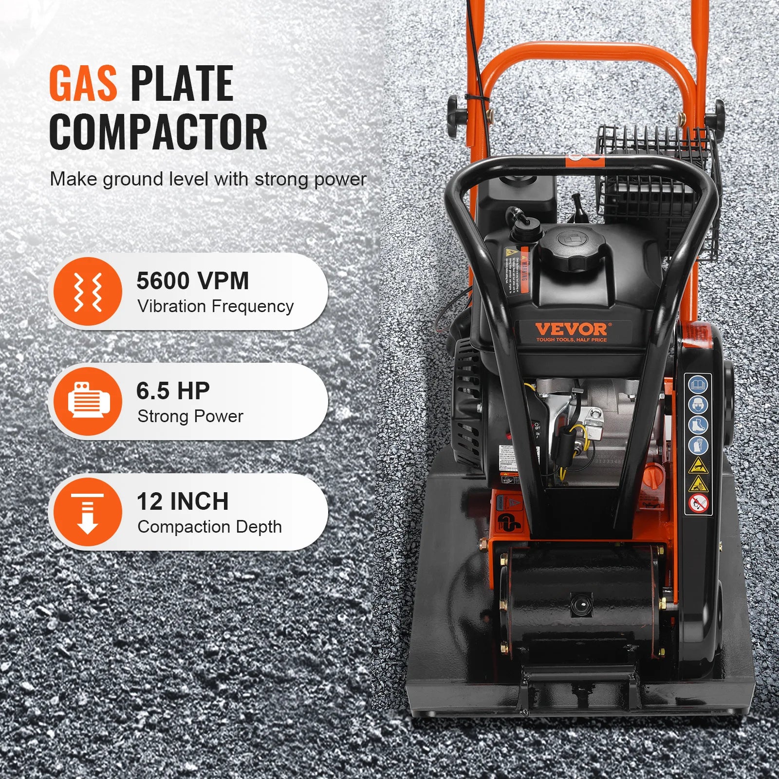 VEVOR Gasoline Plate Compactor 2.8/6.5 HP Force Vibratory Compaction Tamper For Walkways, Patios, Asphalts, Paver Landscaping